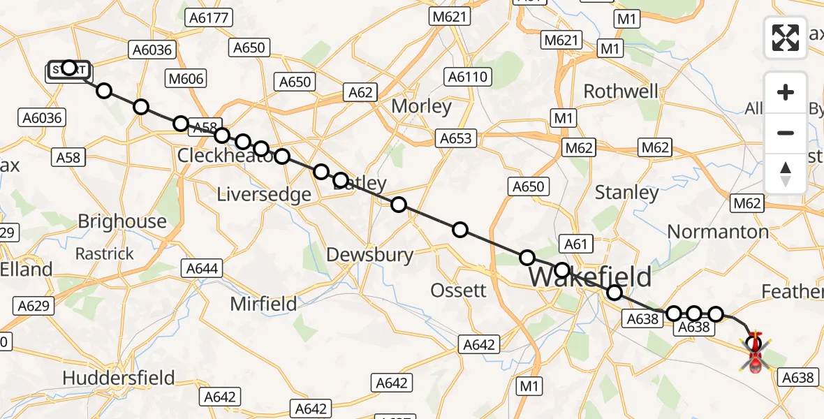 Flight route Air Ambulance Helicopter Shelf - YAA Nostell Helicopter Port, 24 August 2026, 11:20
