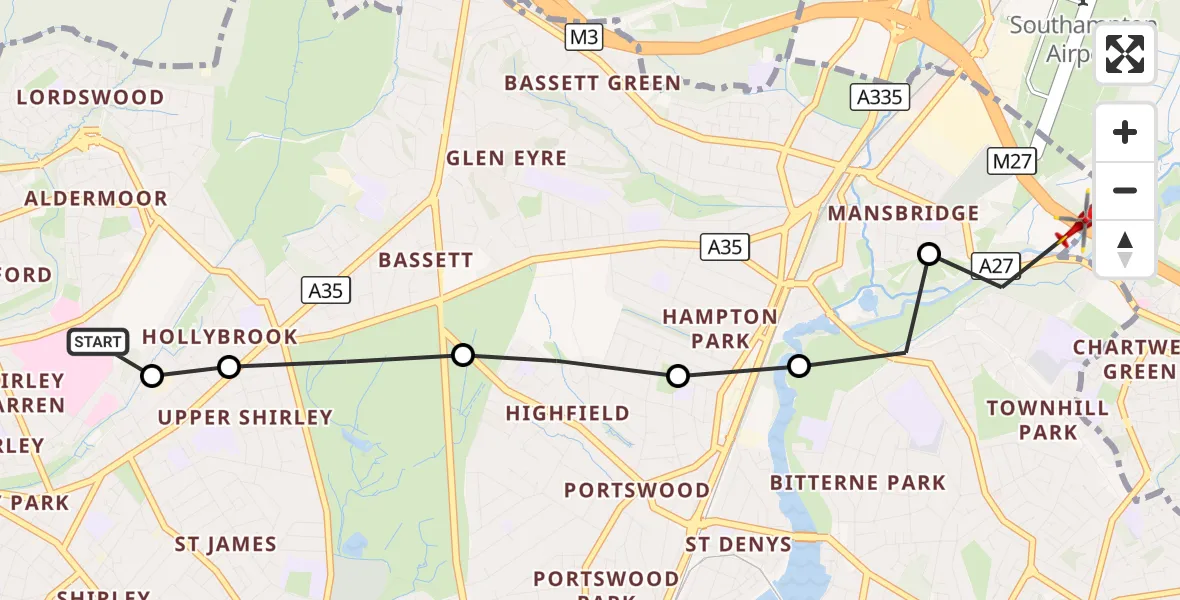 Flight route Air Ambulance Helicopter University Hospital Southampton - Mansbridge, 24 August 2026, 11:24