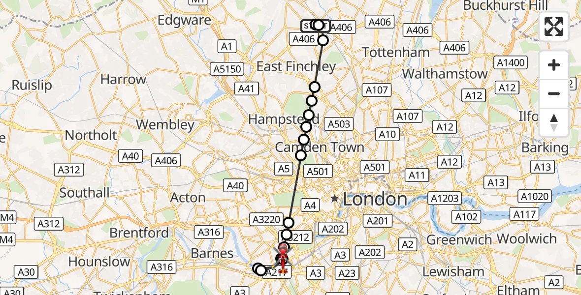 Flight route Air Ambulance Helicopter Friern Barnet - London Heliport, 24 August 2026, 11:24