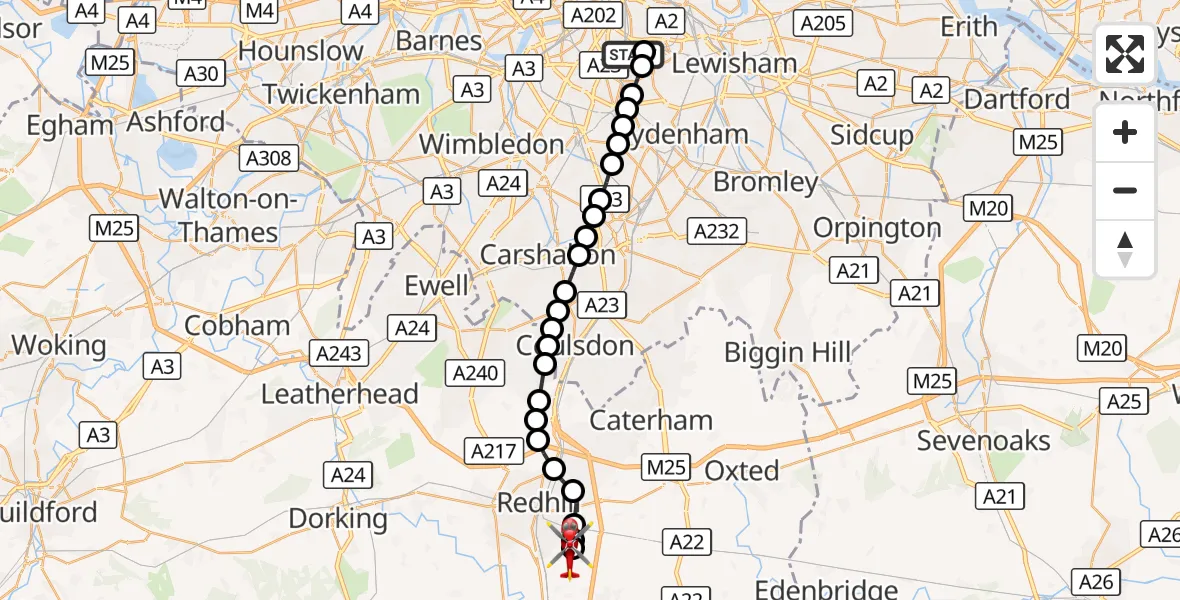 Flight route Air Ambulance Helicopter Kings College London Hospital - Redhill Aerodrome, 24 August 2026, 11:41
