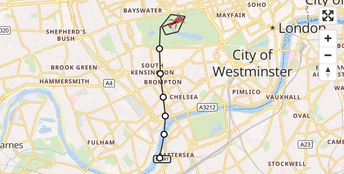 Flight route Air Ambulance Helicopter London Heliport - City of Westminster, 24 August 2026, 11:51