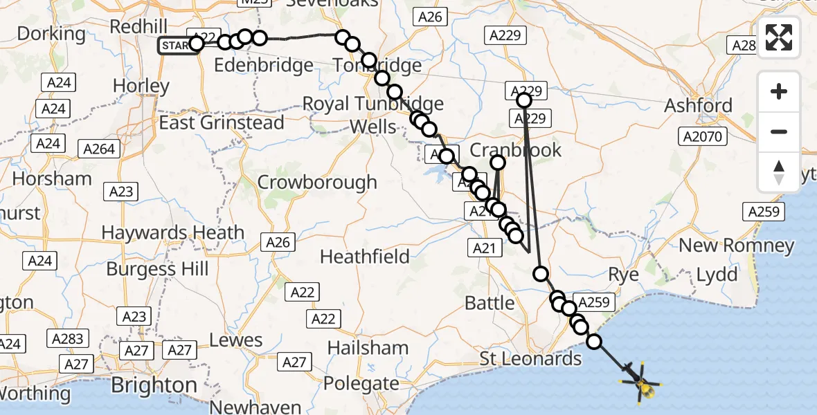 Flight route Police Helicopter Tandridge - English Channel, 24 August 2026, 11:51