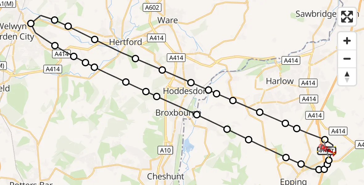 Flight route Air Ambulance Helicopter North Weald Airfield - North Weald Airfield, 24 August 2026, 12:01