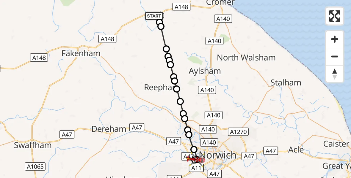 Flight route Air Ambulance Helicopter Holt - Norfolk & Norwich Hospital, 24 August 2026, 12:05
