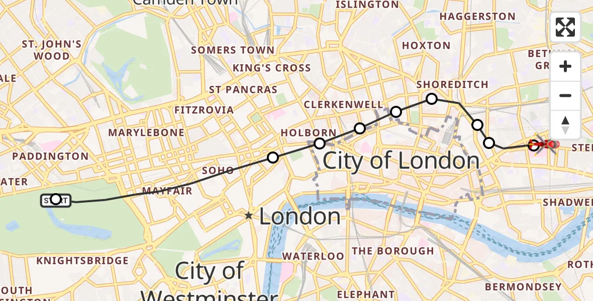 Flight route Air Ambulance Helicopter City of Westminster - Royal London Hospital, 24 August 2026, 12:18