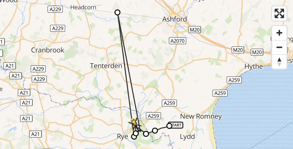 Flight route Police Helicopter RAF Lydd - Rother, 24 August 2026, 12:25