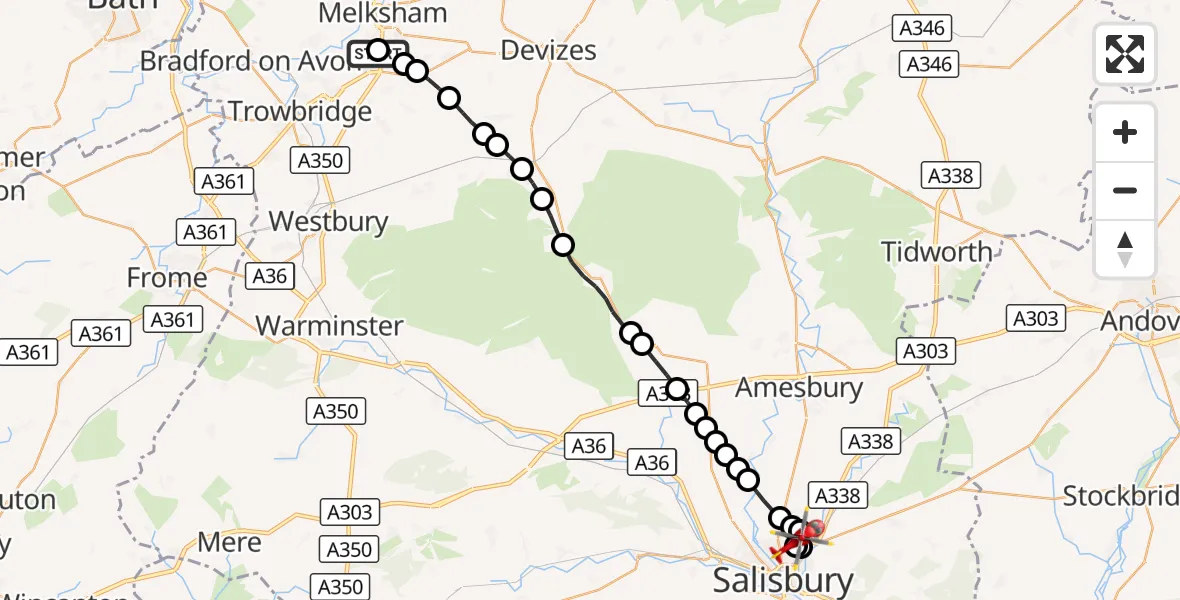 Flight route Air Ambulance Helicopter Wiltshire Air Ambulance - Stratford-sub-Castle, 24 August 2026, 12:26