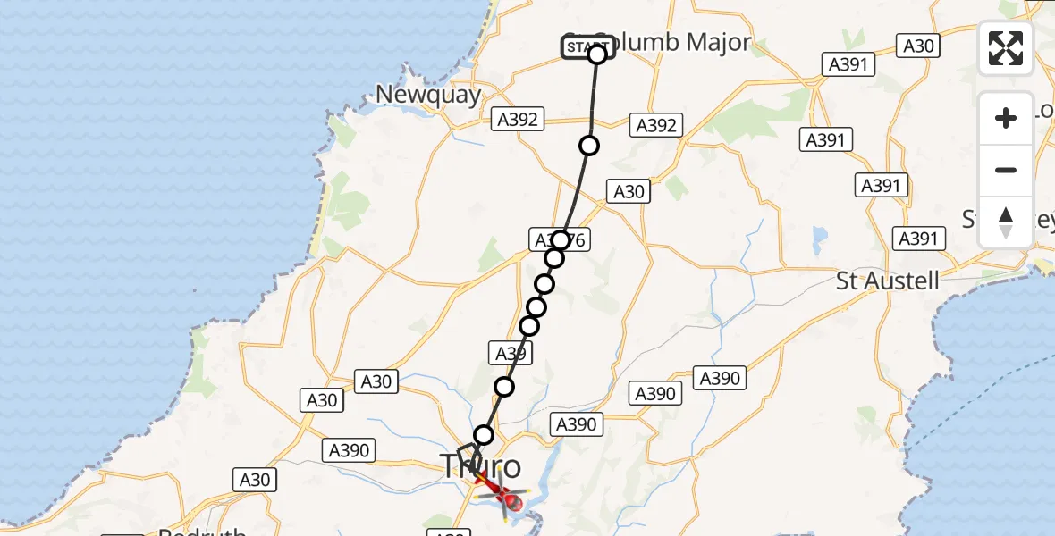 Flight route Air Ambulance Helicopter Cornwall Airport Newquay - Truro, 24 August 2026, 12:53
