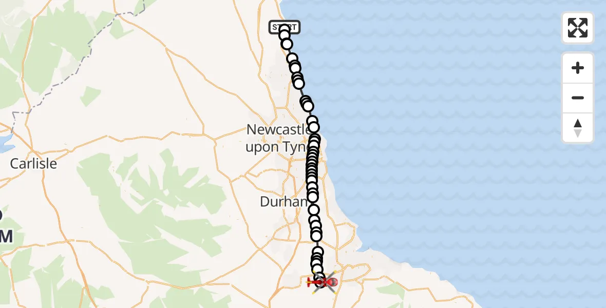 Flight route Air Ambulance Helicopter Amble - Egglescliffe, 24 August 2026, 12:55