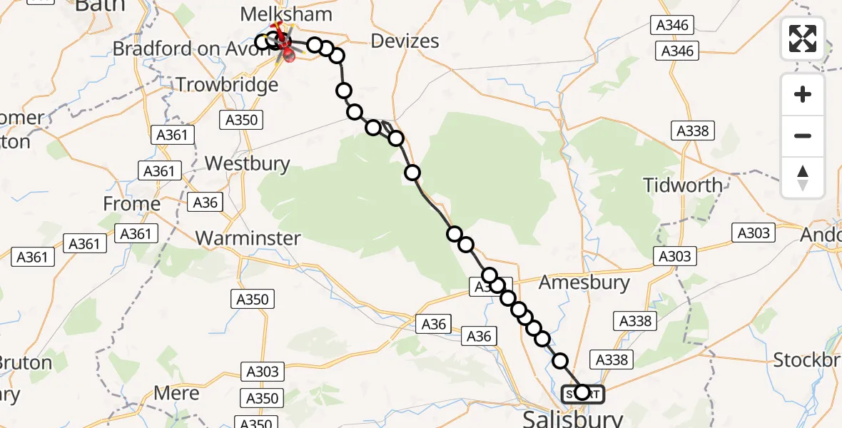 Flight route Air Ambulance Helicopter Ford - Wiltshire Air Ambulance, 24 August 2026, 12:58