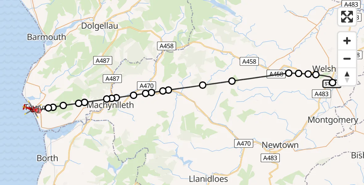 Flight route Air Ambulance Helicopter Welshpool Airport - Tywyn, 24 August 2026, 13:11