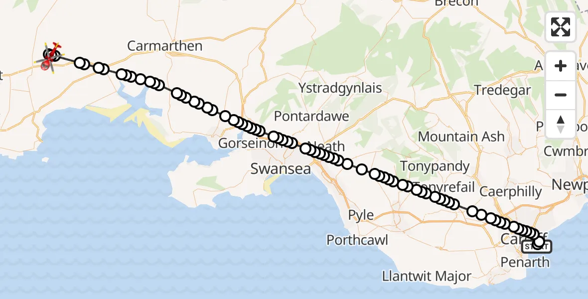 Flight route Air Ambulance Helicopter Cardiff Heliport - Henllanfallteg, 24 August 2026, 13:12