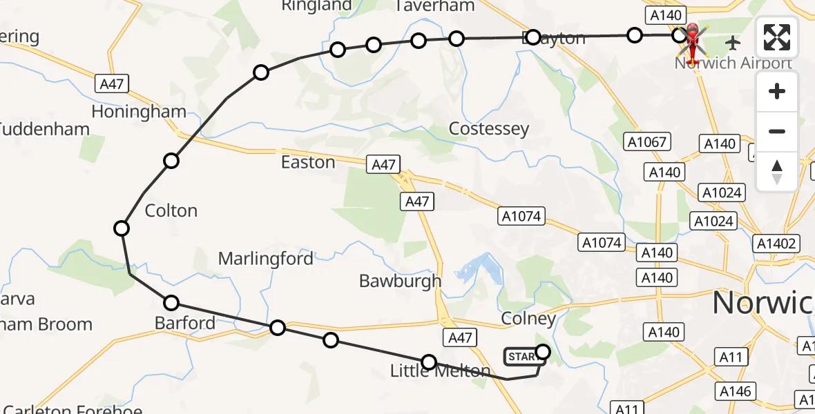 Flight route Air Ambulance Helicopter Norfolk & Norwich Hospital - Norwich Airport, 24 August 2026, 13:13