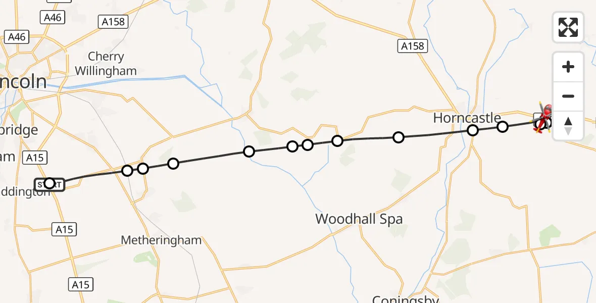 Flight route Air Ambulance Helicopter RAF Waddington - High Toynton, 24 August 2026, 13:17