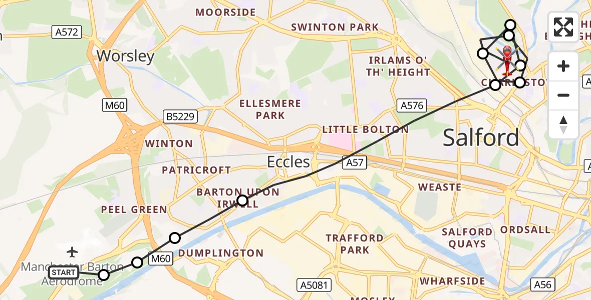 Flight route Air Ambulance Helicopter Manchester Barton Aerodrome - Charlestown, 24 August 2026, 13:20