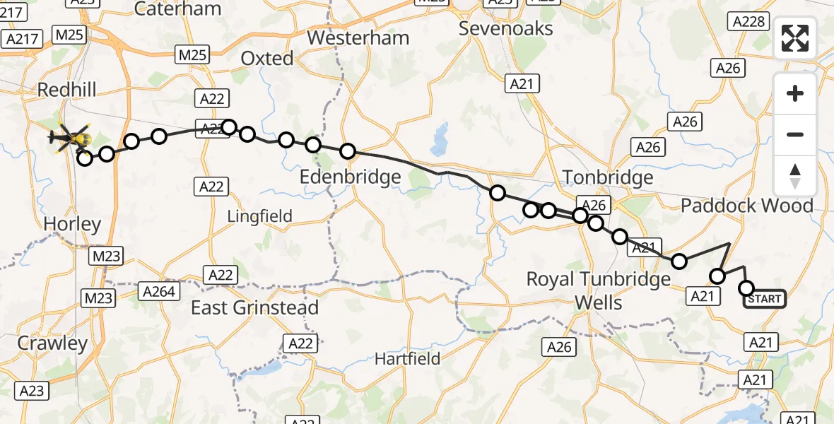 Flight route Police Helicopter Horsmonden - Redhill, 24 August 2026, 13:21