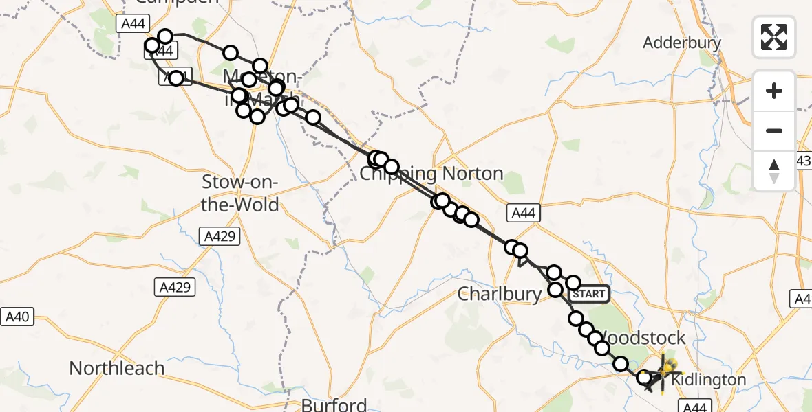 Flight route Police Helicopter West Oxfordshire - Begbroke, 24 August 2026, 13:28