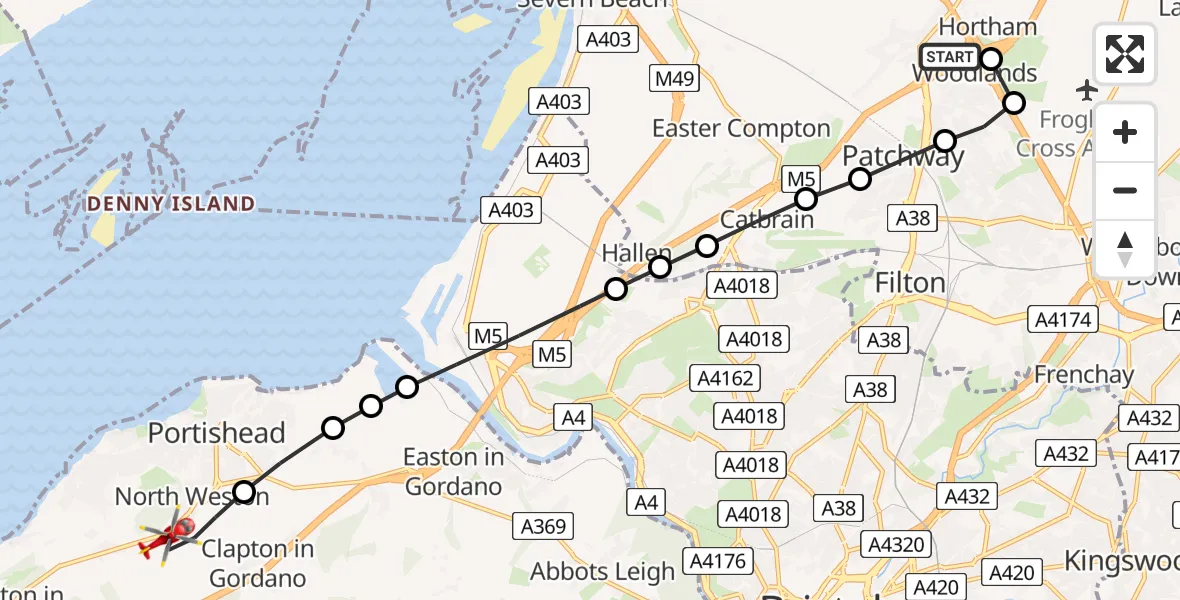 Flight route Air Ambulance Helicopter Almondsbury Helicopter Base - Portishead, 24 August 2026, 13:29
