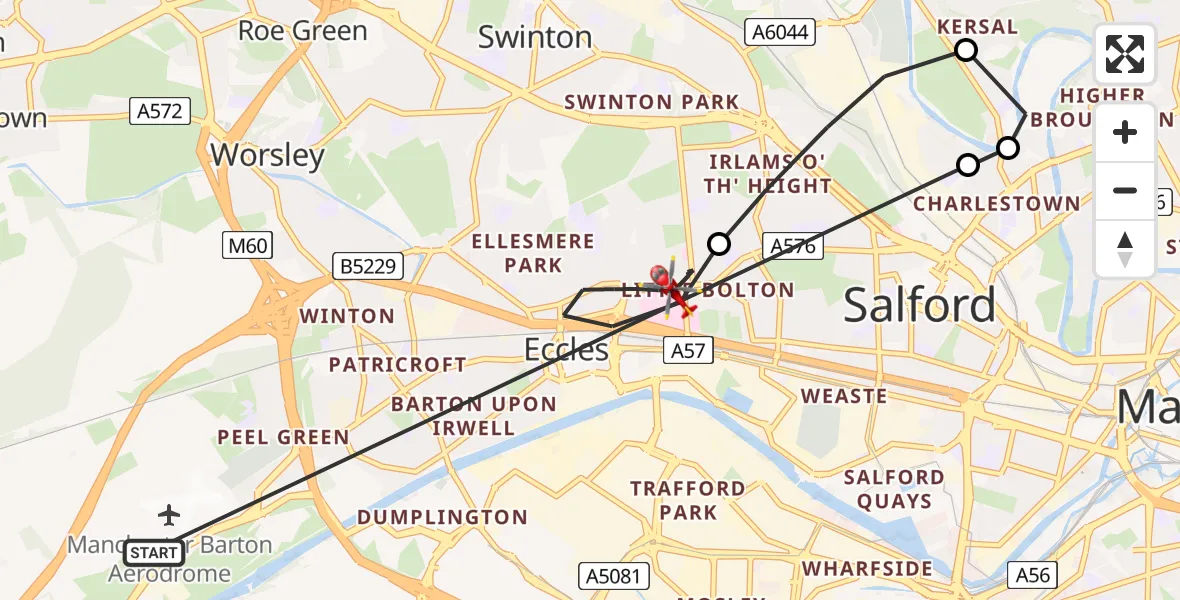 Flight route Air Ambulance Helicopter Manchester Barton Aerodrome - Eccles, 24 August 2026, 13:31