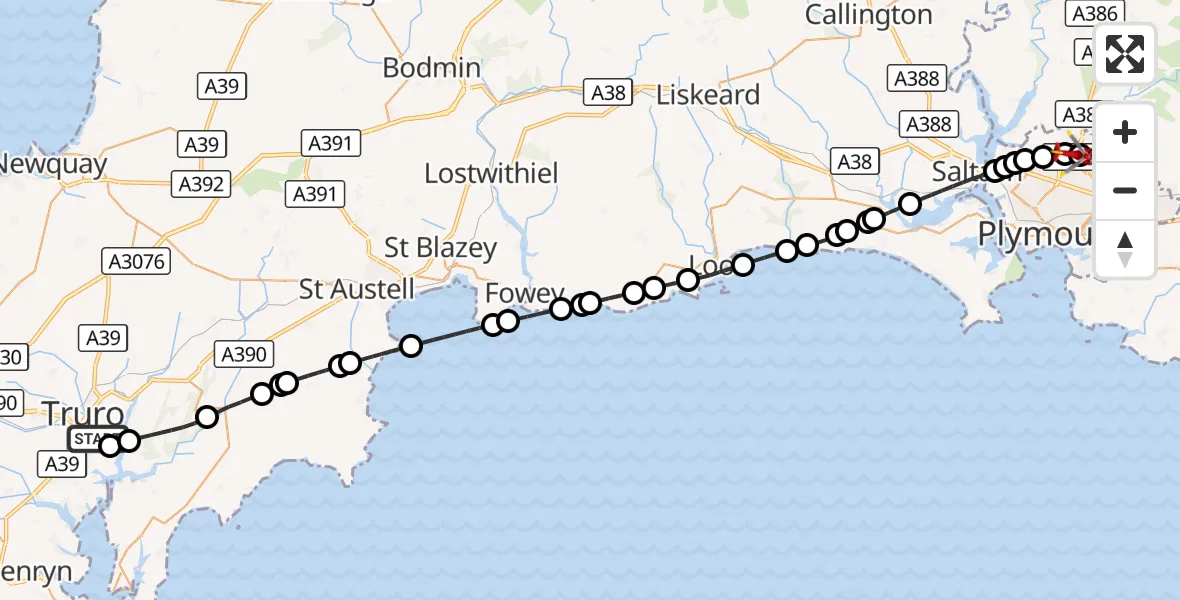Flight route Air Ambulance Helicopter Truro River - Derriford Hospital, 24 August 2026, 13:53