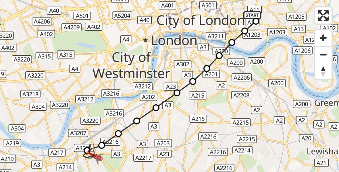 Flight route Air Ambulance Helicopter Royal London Hospital - Clapham Junction, 24 August 2026, 13:55