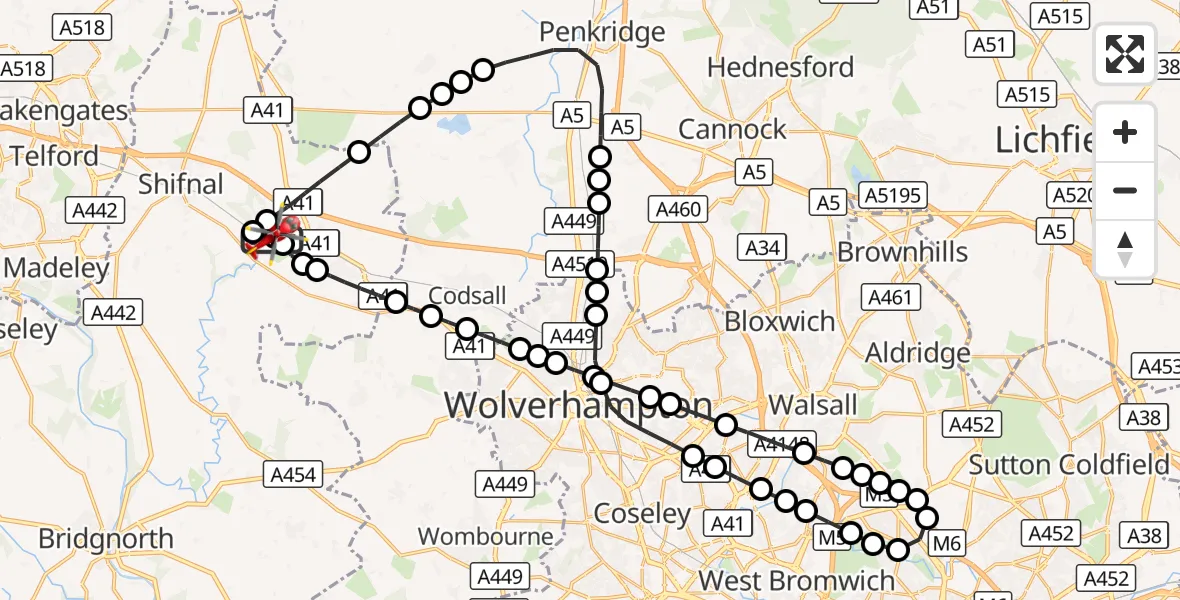 Flight route Air Ambulance Helicopter RAF Cosford - Shifnal, 24 August 2026, 13:59