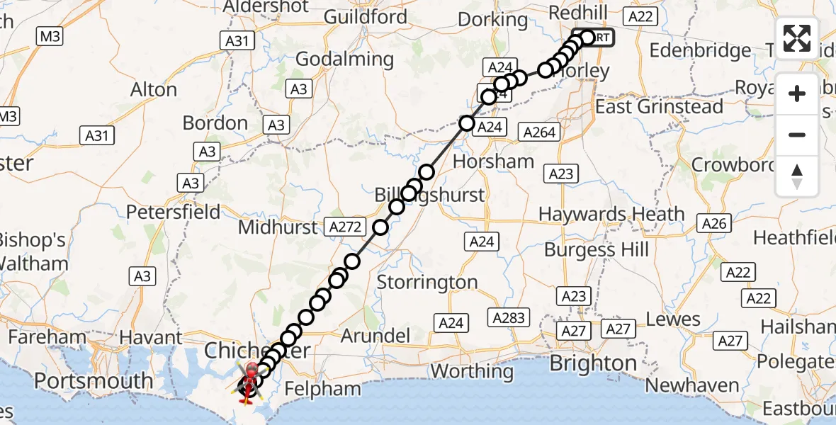 Flight route Air Ambulance Helicopter Redhill Aerodrome - Donnington, 24 August 2026, 13:59