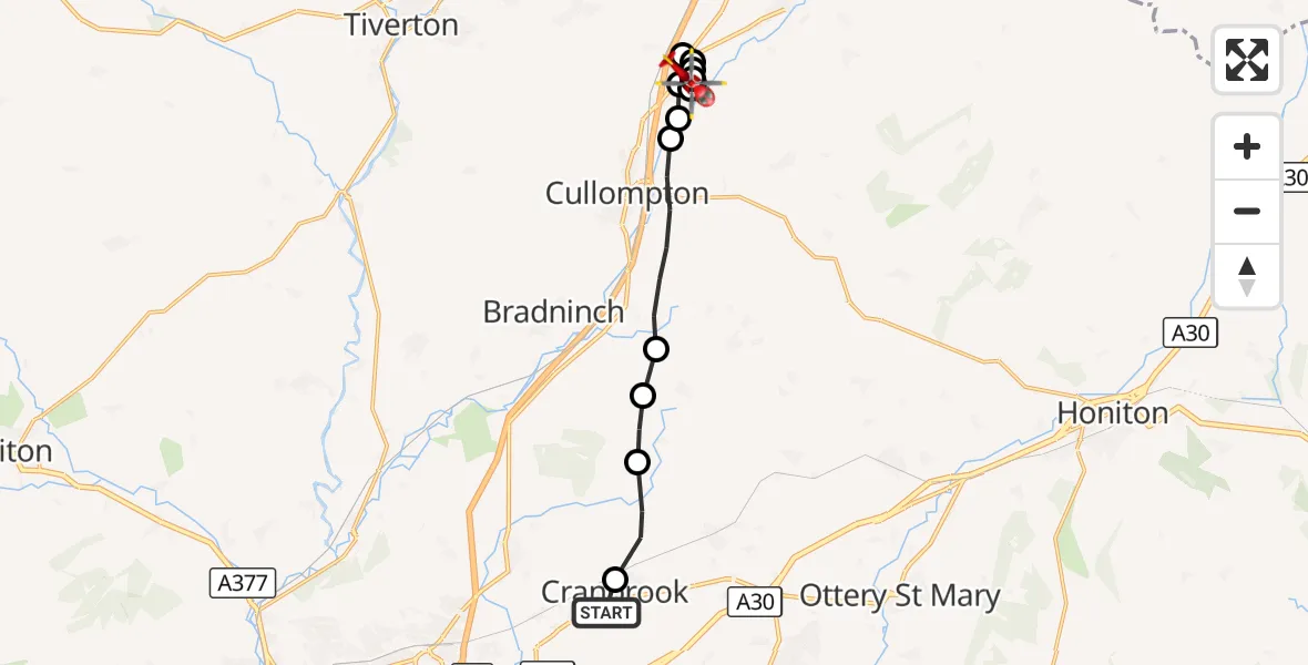 Flight route Air Ambulance Helicopter Rockbeare - Uffculme, 24 August 2026, 13:59