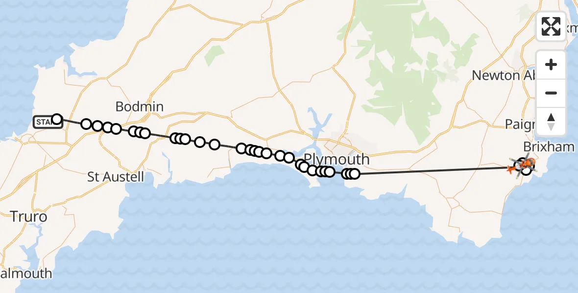 Flight route Coastguard Helicopter Cornwall Airport Newquay - South Hams, 24 August 2026, 14:00