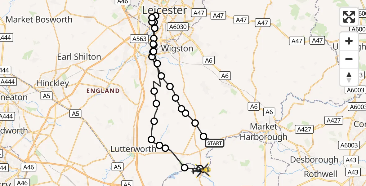 Flight route Police Helicopter Theddingworth - Harborough, 24 August 2026, 14:01