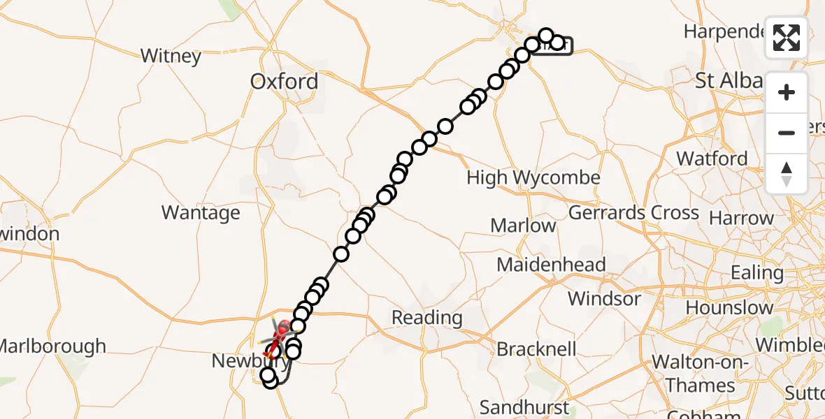 Flight route Air Ambulance Helicopter Aston Clinton - Cold Ash, 24 August 2026, 14:07