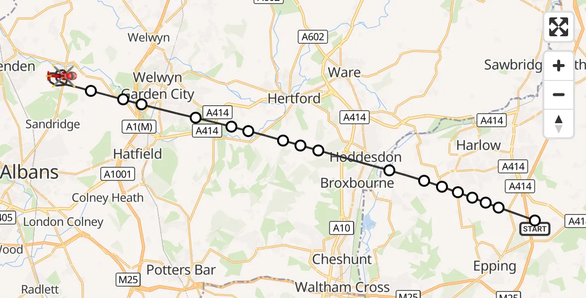 Flight route Air Ambulance Helicopter North Weald Airfield - Wheathampstead, 24 August 2026, 14:12