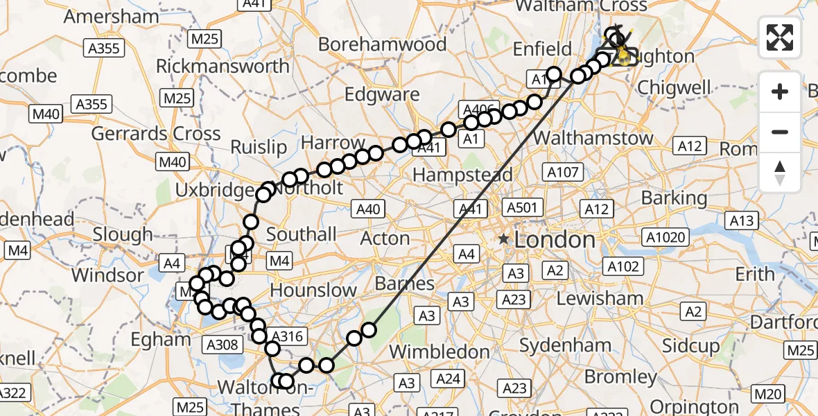 Flight route Police Helicopter Sewardstonebury - Sewardstonebury, 24 August 2026, 14:13