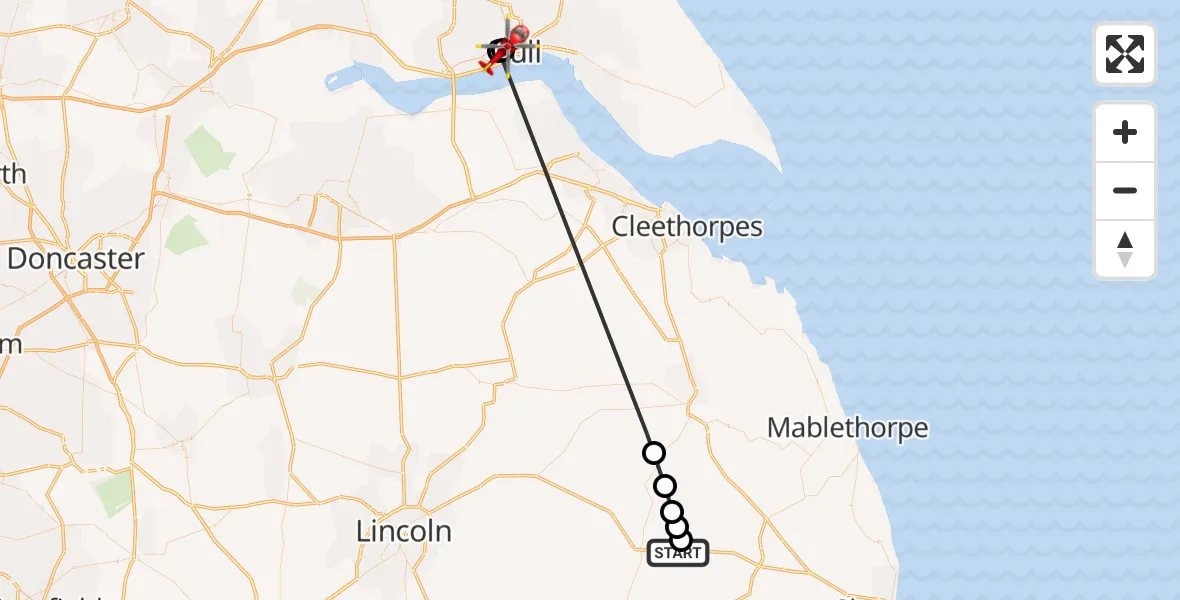 Flight route Air Ambulance Helicopter High Toynton - Hull Royal Infirmary, 24 August 2026, 14:26