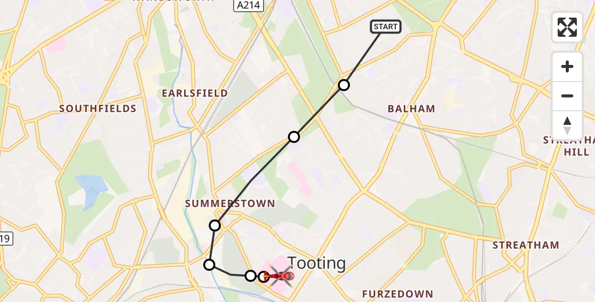 Flight route Air Ambulance Helicopter Balham - St Georges Hospital, 24 August 2026, 14:43