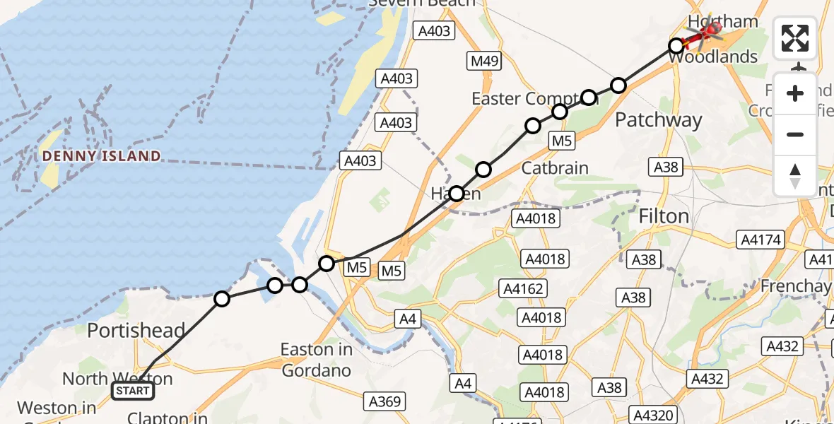 Flight route Air Ambulance Helicopter Portishead - Almondsbury Helicopter Base, 24 August 2026, 14:49