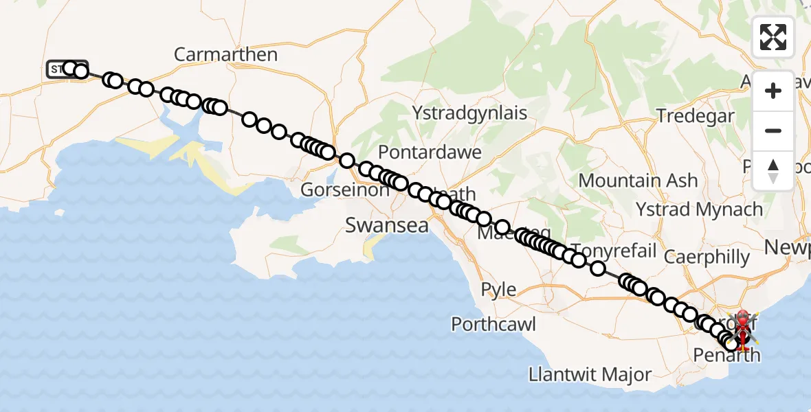 Flight route Air Ambulance Helicopter Llanfallteg - Cardiff Heliport, 24 August 2026, 14:50