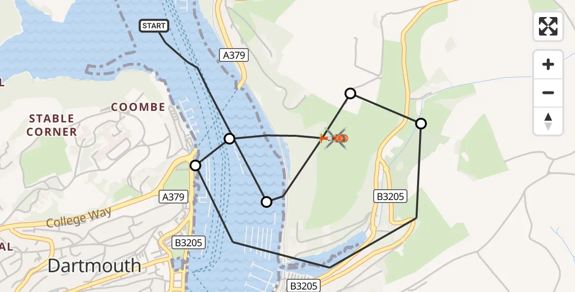 Flight route Coastguard Helicopter Dartmouth - Kingswear, 24 August 2026, 14:56