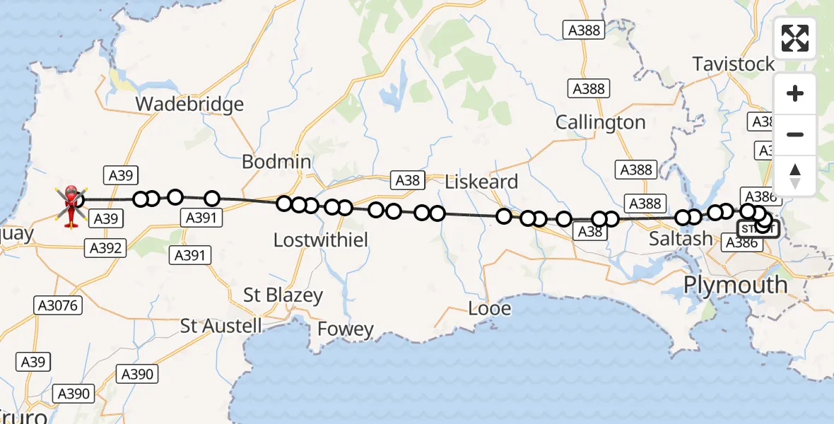 Flight route Air Ambulance Helicopter Derriford Hospital - Cornwall Airport Newquay, 24 August 2026, 15:04