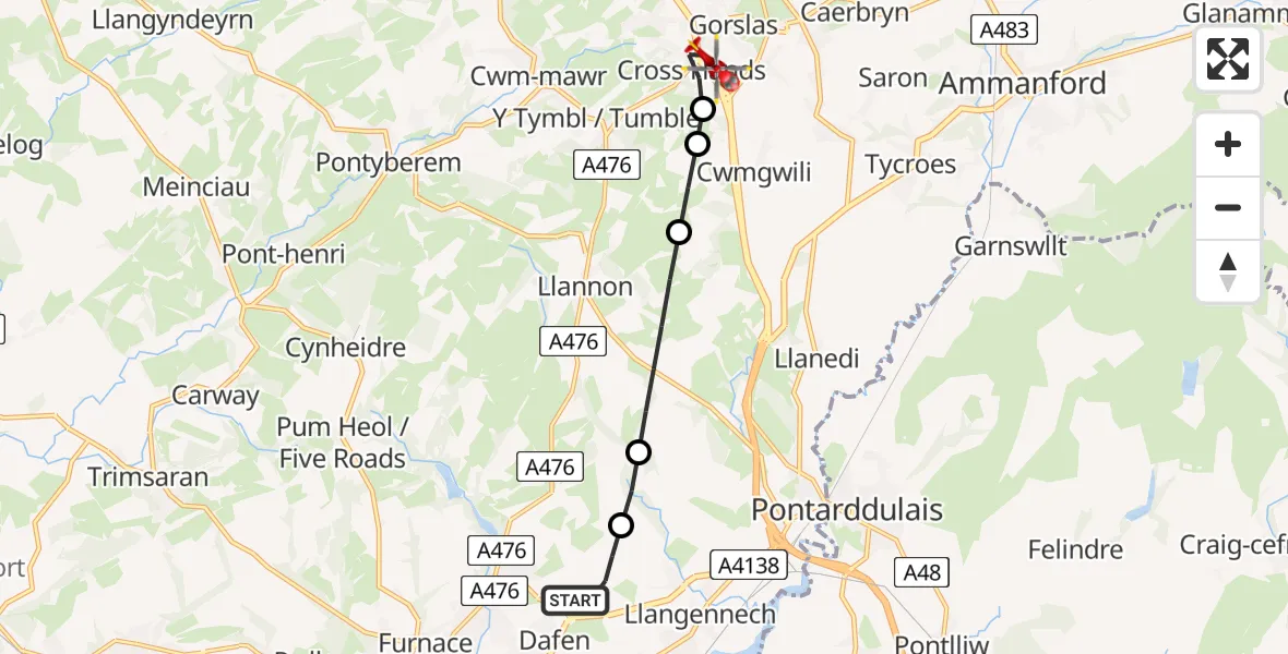 Flight route Air Ambulance Helicopter Dafen - Cross Hands, 24 August 2026, 15:06