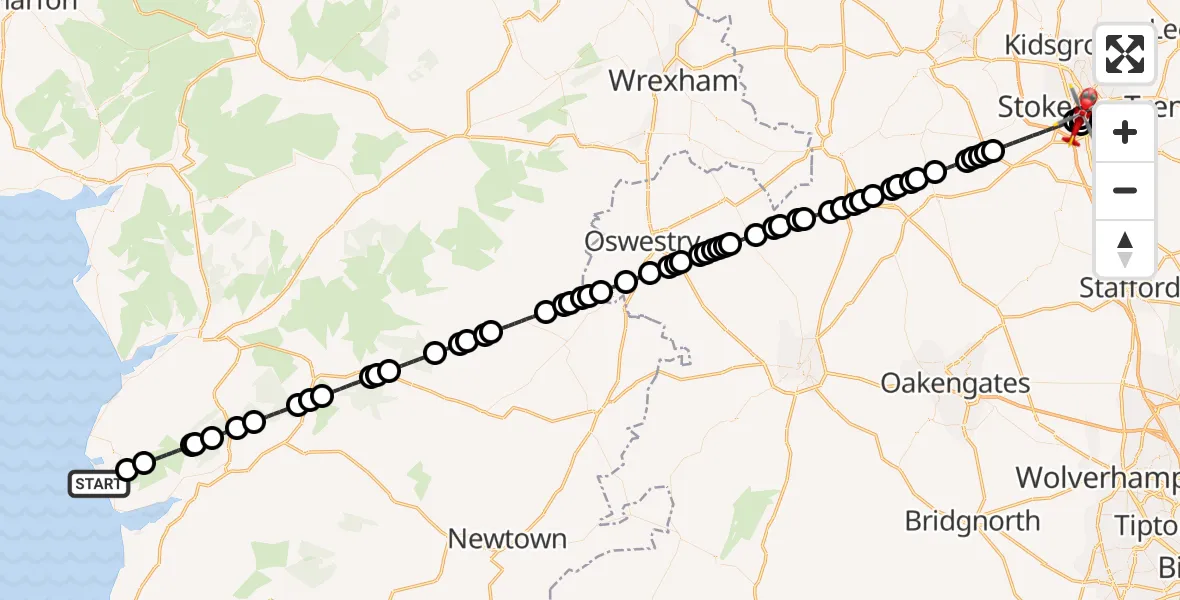 Flight route Air Ambulance Helicopter Tywyn - University Hospital North Staffs, 24 August 2026, 15:06