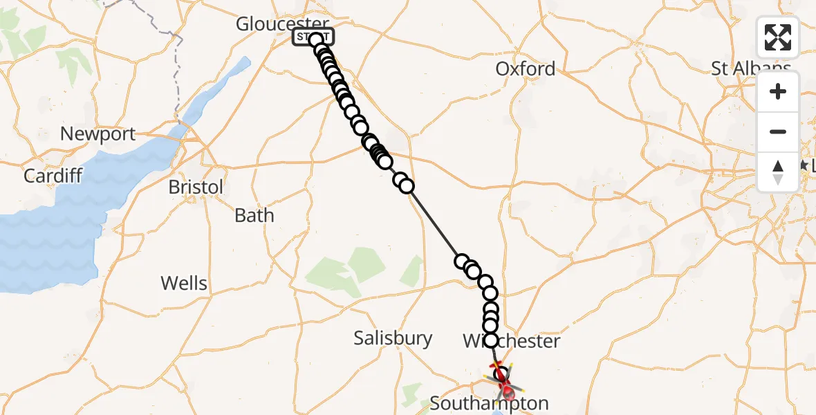 Flight route Air Ambulance Helicopter Tewkesbury - Eastleigh, 24 August 2026, 15:06