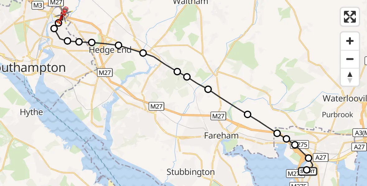 Flight route Air Ambulance Helicopter Tipner - Mansbridge, 24 August 2026, 15:08