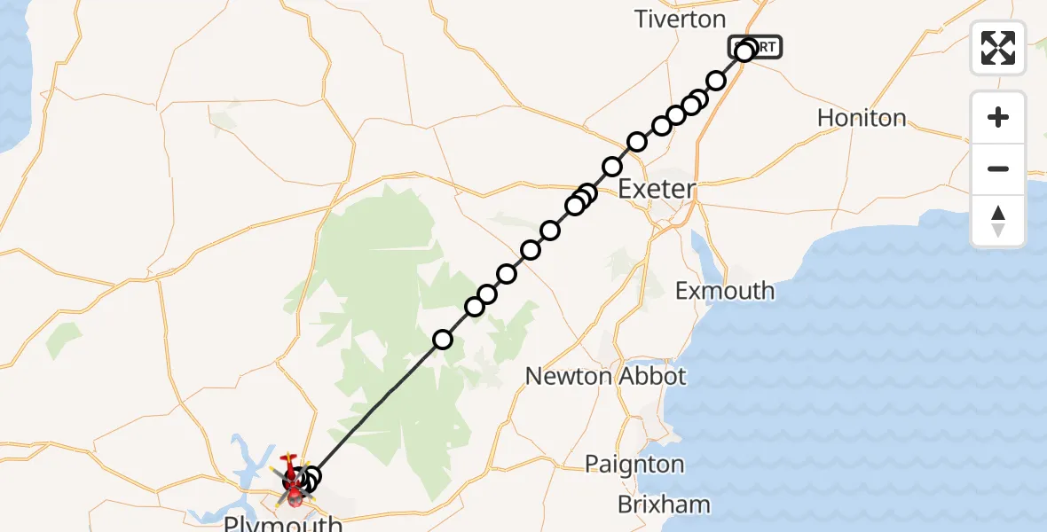Flight route Air Ambulance Helicopter Cullompton - Crownhill, 24 August 2026, 15:12