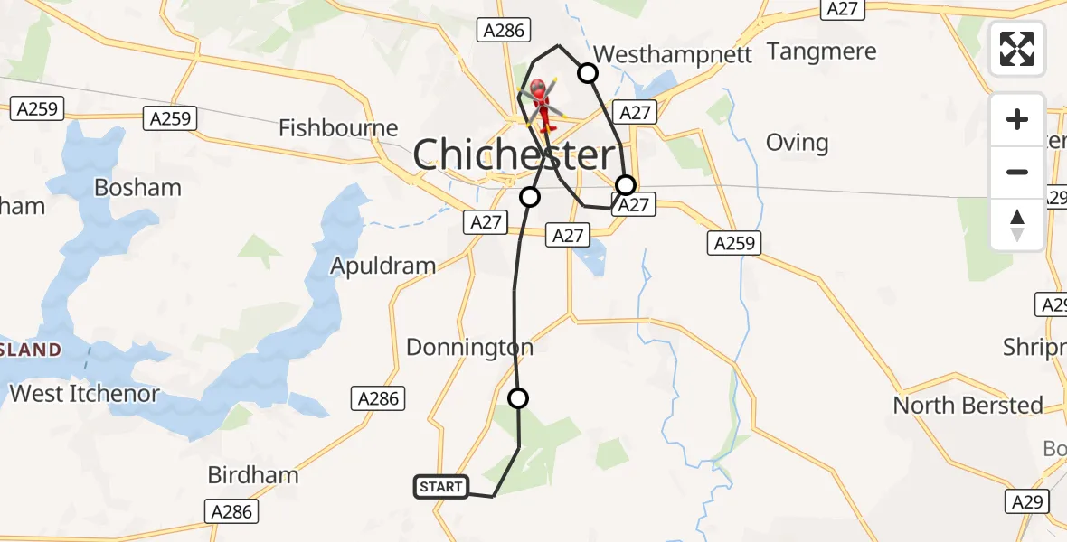 Flight route Air Ambulance Helicopter Donnington - Chichester, 24 August 2026, 15:16