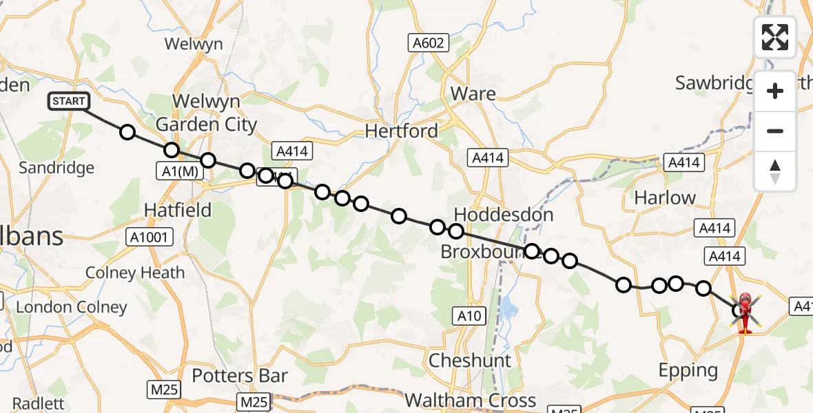 Flight route Air Ambulance Helicopter Wheathampstead - North Weald Airfield, 24 August 2026, 15:17