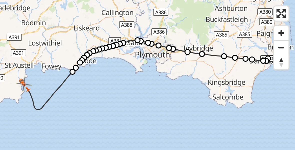 Flight route Coastguard Helicopter Dartmouth - English Channel, 24 August 2026, 15:19