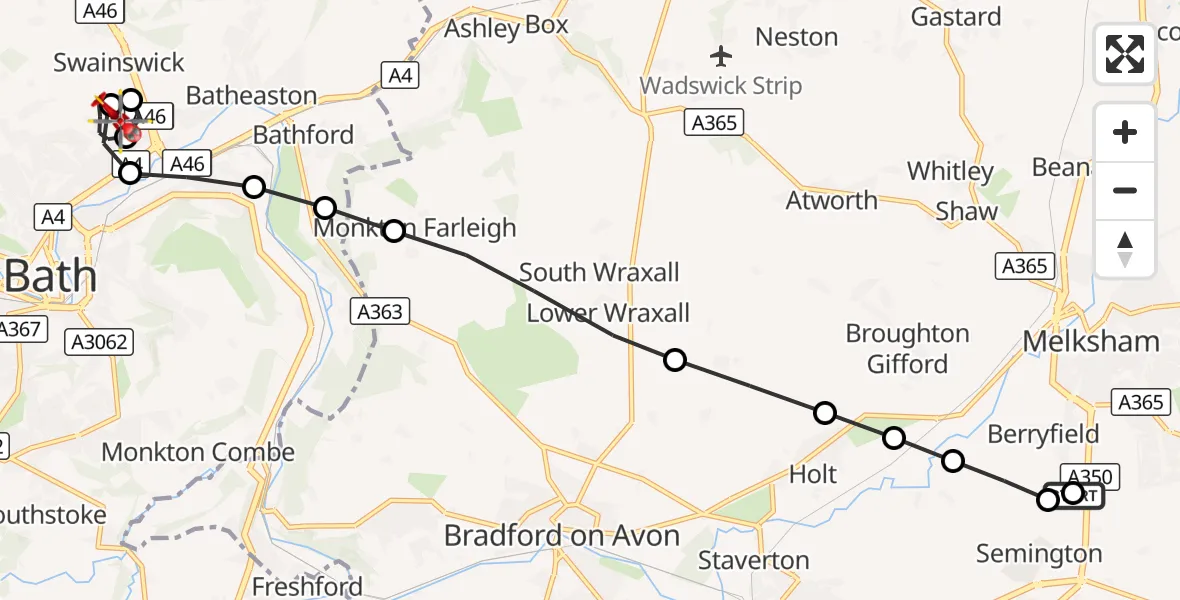 Flight route Air Ambulance Helicopter Wiltshire Air Ambulance - Swainswick, 24 August 2026, 15:31