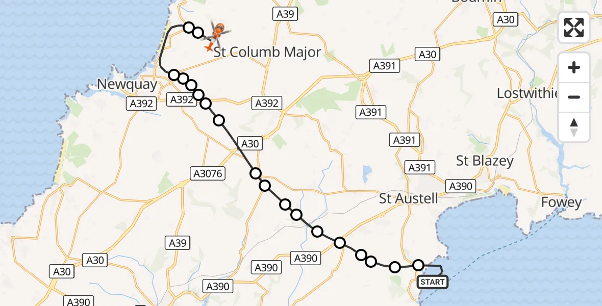 Flight route Coastguard Helicopter English Channel - Cornwall Airport Newquay, 24 August 2026, 15:48