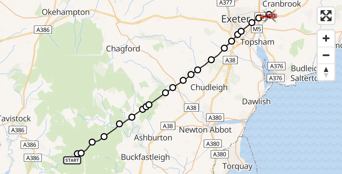 Flight route Air Ambulance Helicopter South Hams - East Devon, 24 August 2026, 16:07